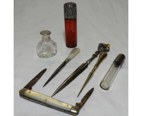 SILVER TOPPED CRANBERRY SCENTS FLASK, SCENTS PHIALS, FRUIT KNIFE, MANICURE TOOLS ETC 