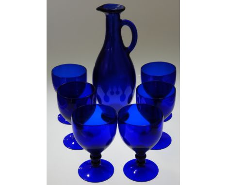 BLUE GLASS DECANTER & 6 STEM GLASSES 