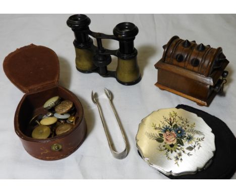 TIN OF COLLECTABLES - PR OF OPERA GLASSES, STRATTON COMPACT, SILVER SUGAR TONGS, TREEN STUDDED MINI CASKET + STUD BOX 