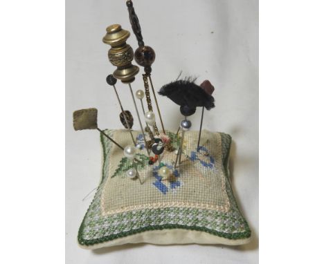 TAPESTRY PIN CUSHION & QTY OF HAT PINS 