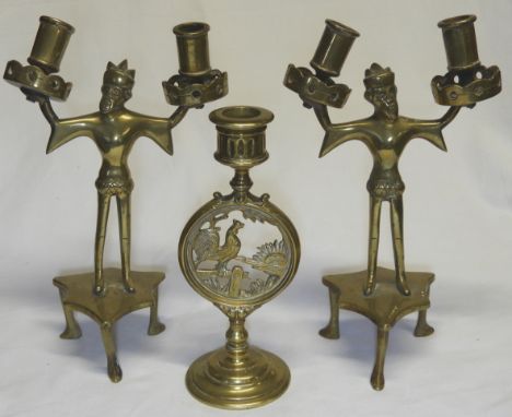 PR OF FIGURAL DOUBLE CANDLESTICKS + COCKEREL CANDLESTICK 