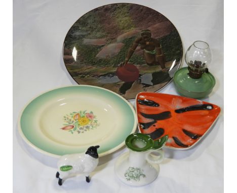 POOLE DISH, SHELLEY PLATE & ROYAL DOULTON ZULU WOMAN PLATE & BESWICK SHEEP OIL LAMP & CANDLE HOLDER 