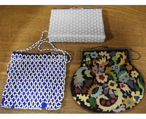 LADIES BEADED EVENING BAG & TAPESTRY MATERIAL BAG & SILVER THREAD TEXTILE BAG 