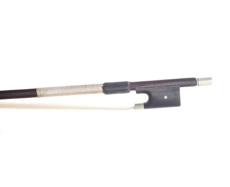 German nickel mounted violin bow of the Knopf School, unstamped, the stick octagonal, the ebony frog inlaid with small pearl 