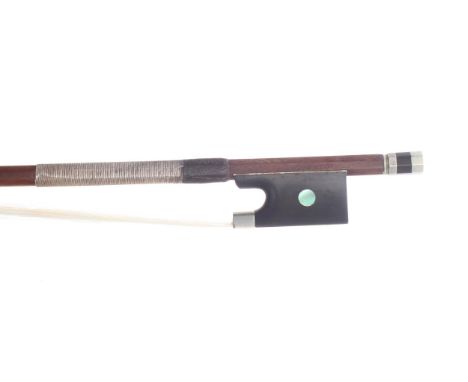 French silver mounted violin bow stamped Louis Bazin, the stick round, the ebony frog inlaid with pearl eyes and the ebony ad