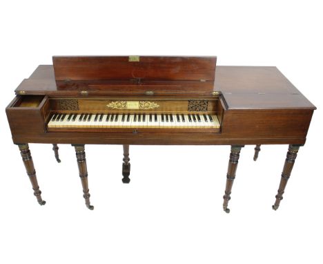 Good mahogany and ebony strung square piano by Clementi &amp; Co of London, the fascia board inscribed New Patent, Clementi &