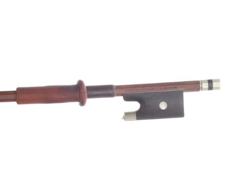 German nickel mounted violin bow by and stamped Gustav Prager G.P., the stick octagonal, the ebony frog inlaid with pearl eye