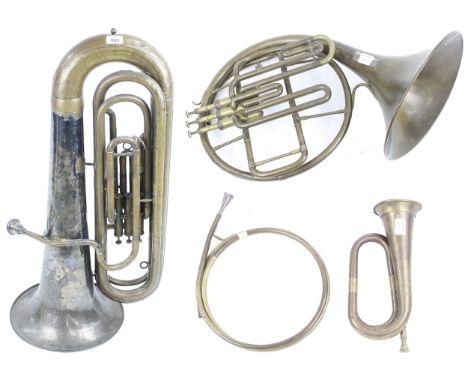 Besson &amp; Co old tuba, class A, with floral engraved bell; also a Besson &amp; Co Class A brass French horn and an old bug