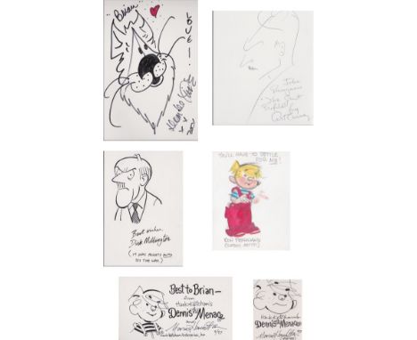 Cartoonists. A selection of 6 hand drawn cartoons. Dom de Luise, Art Carney, Dick Millington, Ron Ferdinand, Marcus Hamilton 