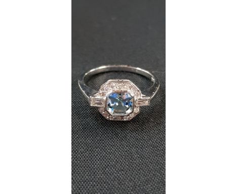 PLATINUM SET AQUA (0.70CT) AND DIAMOND (0.30CT) CLUSTER RING