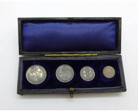 Silver Maundy coins in a 1903 box, Edward VII 1903 4d, 3d and 2d and a George IV 1823 1d 