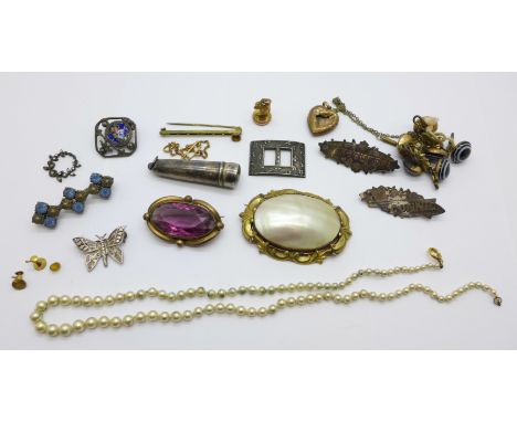 Two circa 1900 silver brooches, 'Mother' and 'Connie', a Victorian silver buckle, six bulls eye agate buttons, a locket marke