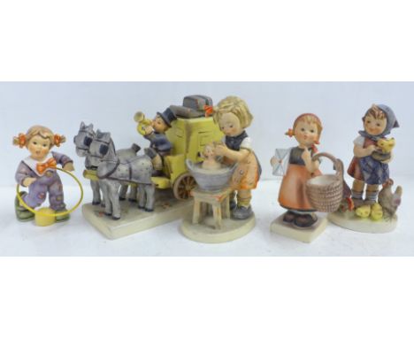 Five Hummel figures including Hula Hoop Girl 