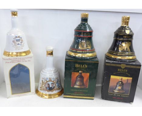 Four Bell's Old Scotch Whisky decanters, three boxed; one 12 Years Old 