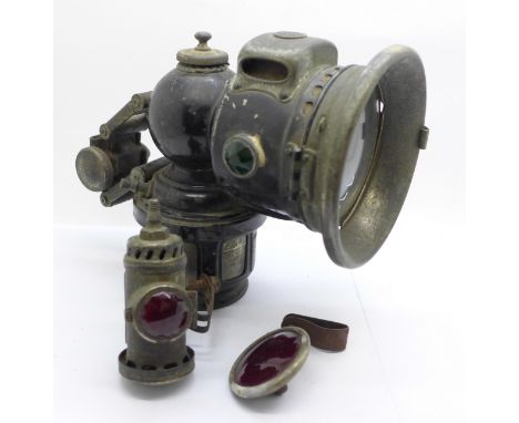 A Lucas acetylene gas bicycle lamp with rear light and reflector 