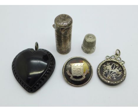 A Victorian silver bottle, a/f, a silver and tortoiseshell fob, a silver and tortoiseshell Army Ordnance Corps brooch, no pin