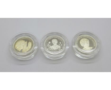 Two Queen Elizabeth The Queen Mother silver one pound coins and an Elizabeth and Philip 1947-1997 silver one pound coin 