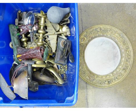 A collection of brassware including a mirror, paperweights, large wall mounted bell, desk stamp, etc.**PLEASE NOTE THIS LOT I