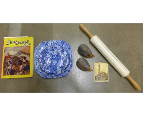 A collection of mixed china including Wade, blue and white, a rolling pin, an Ivotex plaque and a Billy Bunter's Own Book **P