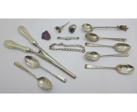 A set of six Victorian silver coffee spoons, London 1895, 62g,  a small 925 silver funnel, a silver NUR badge, jewellery, etc
