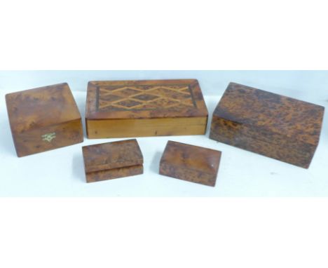 Five Thuya wood trinket boxes including one with marquetry top, one a/f 