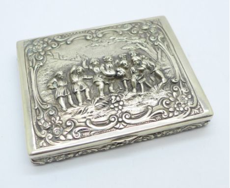 A German 800 silver box with group scene and gilt interior, Adam Manns &amp; Sohn, marked AMD and Fleissner, 120.6g, 7cm x 9c