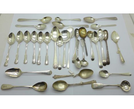 A collection of silver spoons including a set of six teaspoons and 19th Century, 392g 
