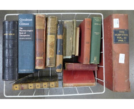 A box of 19th and early 20th Century books including The Surveyor, Vol.33, 1908, Holy Bible 1867, Les Miserables 1893, etc. *