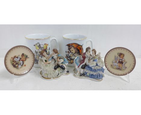 Two Hummel mugs, two Hummel dishes and two continental figures 