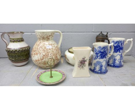 A collection of china including a tankard, a late Victorian pitcher, a Brentleigh vase, two blue and white jugs and an Italia