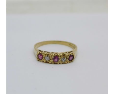 A 9ct gold, ruby and diamond ring, 1.8g, L 