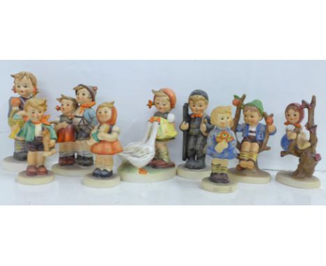 Nine Hummel figures including Apple Tree Girl, Apple Tree Boy and Chimney Sweep 