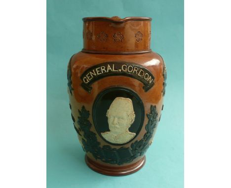 (Naval Military War Commemorative commemorate) A Doulton Lambeth brown stoneware jug applied in green and white with a portra