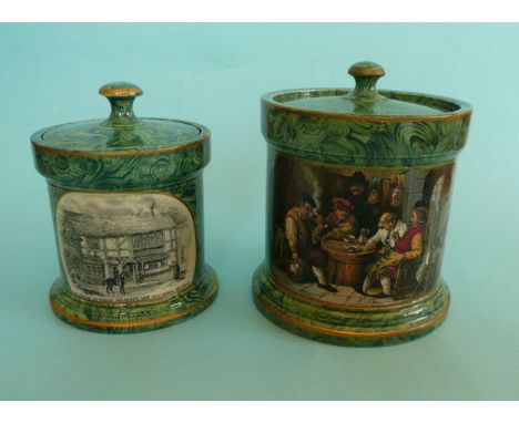 (Potlid pot lid Prattware) A malachite tobacco jar and cover: The Jolly Topers (406) 138mm, lid and base of pot restored and 