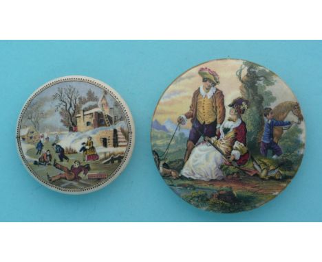 (Staffordshire Pot lid potlid Prattware) Dangerous Skating (249) five steps, with base and Fair Sportswoman (250) gold lined 