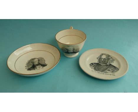 (Political Commemorative commemorate) A cup and saucer printed in black with a named portrait of Sir Robert Peel and a nurser