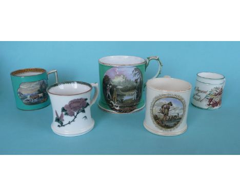 (Potlid pot lid Prattware) A waisted mug with unusual foliate and bird print, the underside with Pratt / Prince Albert stamp,