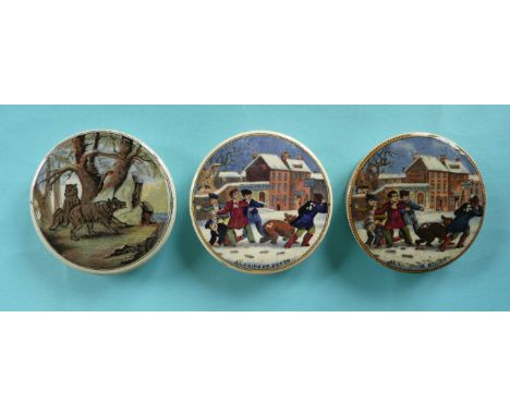 (Staffordshire Pot lid potlid Prattware) Bears on Rock (10) and Alas! Poor Bruin (1) both lantern varieties (3) 