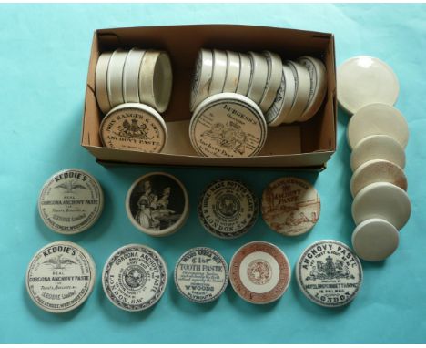 (Pot lid potlid Prattware advertising) Ten Burgess’s anchovy paste lids; five Banger anchovy paste lids; a Woods areca nut li