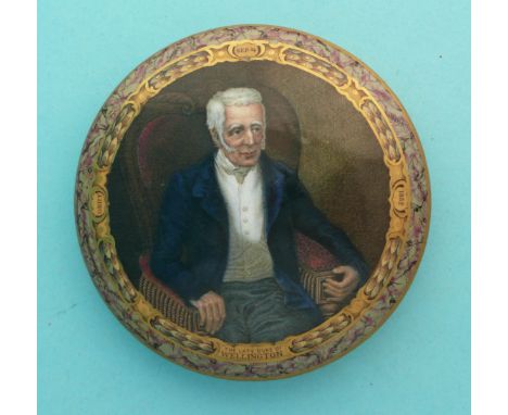 (Staffordshire Pot lid potlid Prattware) The Late Duke of Wellington (161) no sash, coloured marble border with profuse gilt 