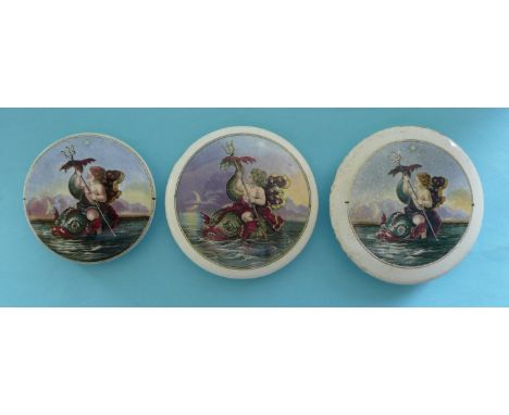(Staffordshire Pot lid potlid Prattware) Sea Nymph with Trident (64) three differing varieties (3) 