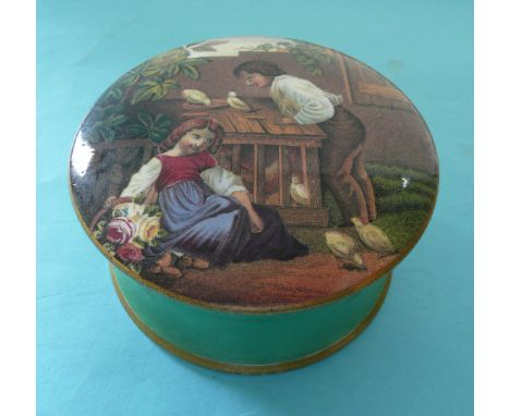 (Staffordshire Pot lid potlid Prattware) Feeding the Chickens (267) green flange with gold line decoration complete with matc