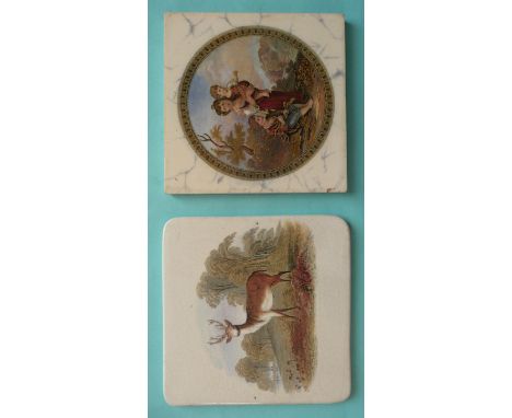 (Potlid pot lid Prattware) An unusual square plaque depicting a stag in rural setting, circa 1860, 162mm and a tile: The Cott