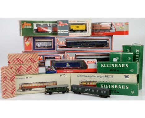 Three Lima H0/00 gauge coaches, comprising 309206 x2, 305332W, four Lima goods wagons 302710, 309040, 2008 and 3181, six Klei