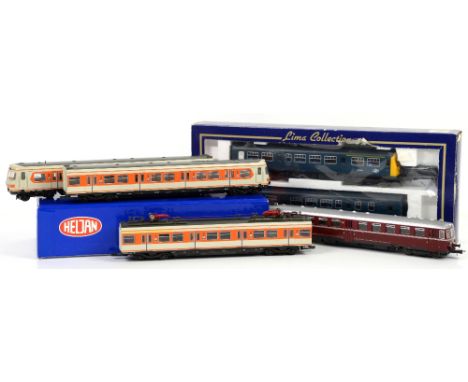 Heljan three car set in orange livery in Heljan box, Lima two car set M50338 and M50304 and a Lima locomotive in maroon liver