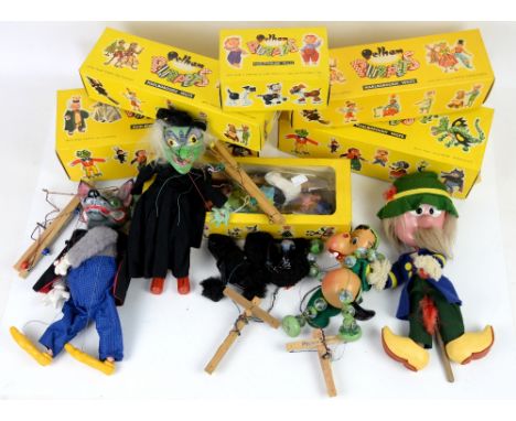 The Lightweight Pelham Puppet Theatre, and seven Pelham puppets, to include Tyrolean boy, Baby Dragon, Crow, Mr. Rusty, Wolf,