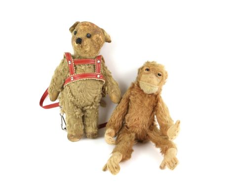 Vintage stuffed monkey toy with articulated arms and legs, 30cm long, and a vintage leather and fur, straw stuffed bear with 