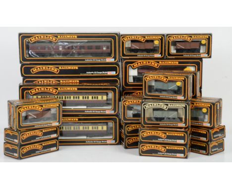 Collection of Mainline 00 gauge coaches and goods wagons, comprising 37403 16T mineral wagon + ore load x4, 37412 12T Mogo va