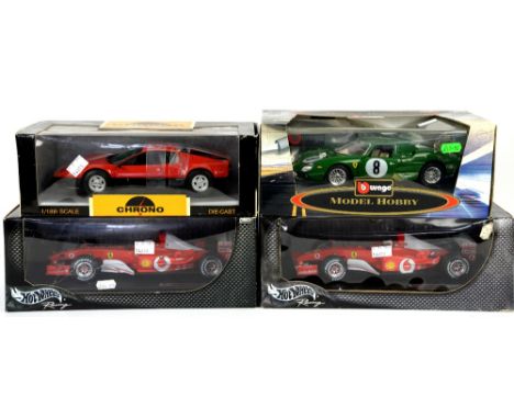 Six 1:18 scale model racing and sportscars, comprising Chrono Ferrari 512, Hot Wheels Rubens Barrichello F-2002 and F2003-GA,