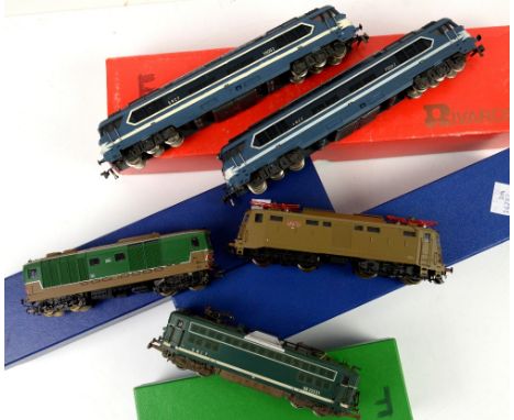Two Lima and three Jouef H0/00 locomotives, comprising brown 16/65 Breda FS E.424.012, green and brown FS E.445.1028, SNCF BB